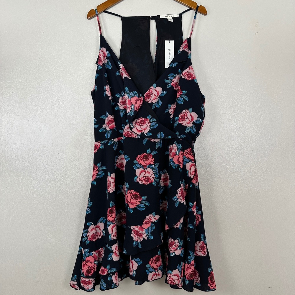 Francesca's Women's L Mini Dress Navy Blue Floral Ruffle‎ Wrap AD8002-A-NAVY